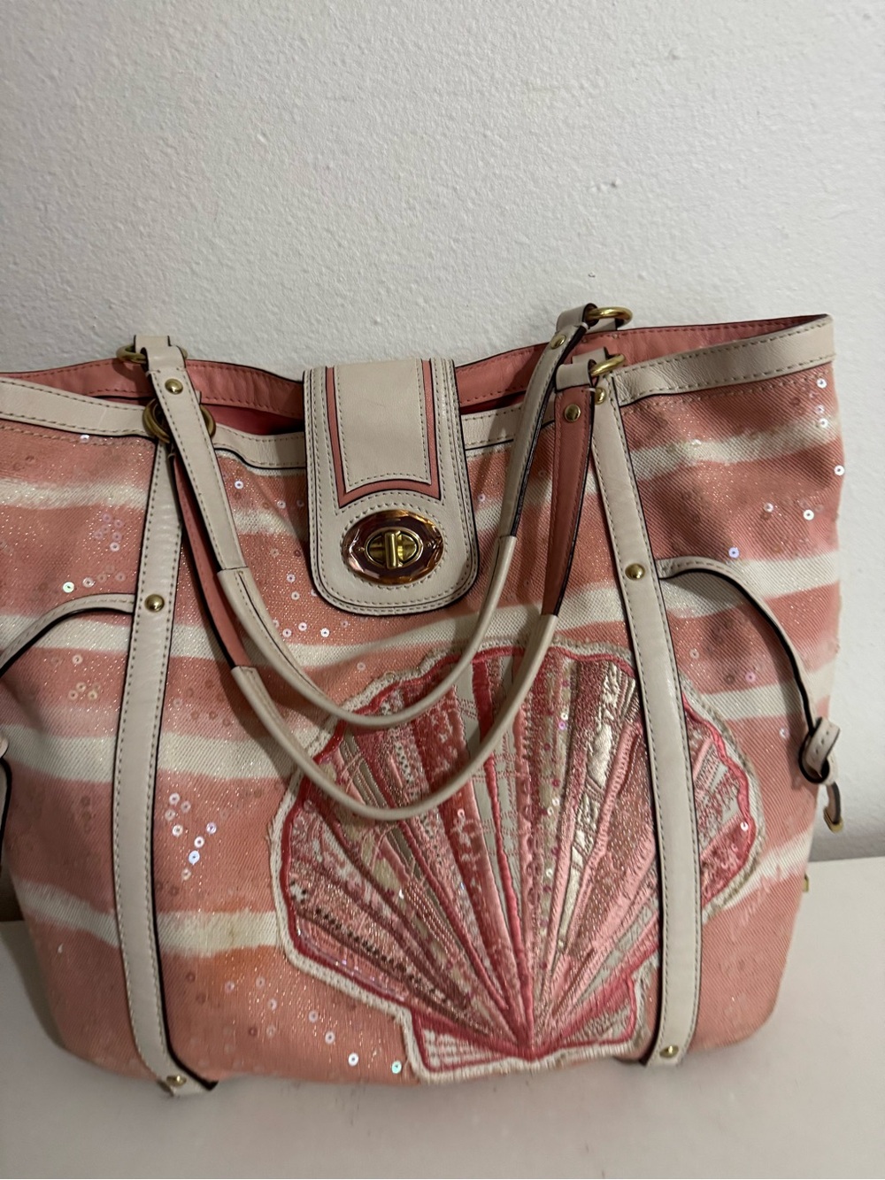 Coach RARE Y2K Audrey Motif Canvas Seashell Medium Cinched Tote - Picture 15 of 16